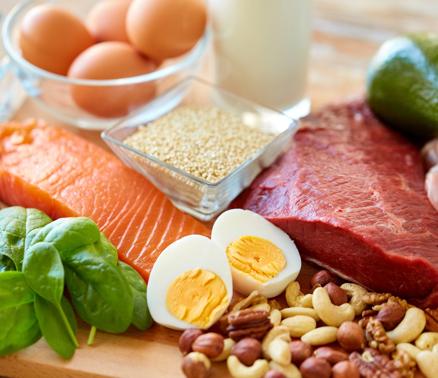 nutrient dense foods A variety of protein-rich foods, including eggs, salmon, and nuts.